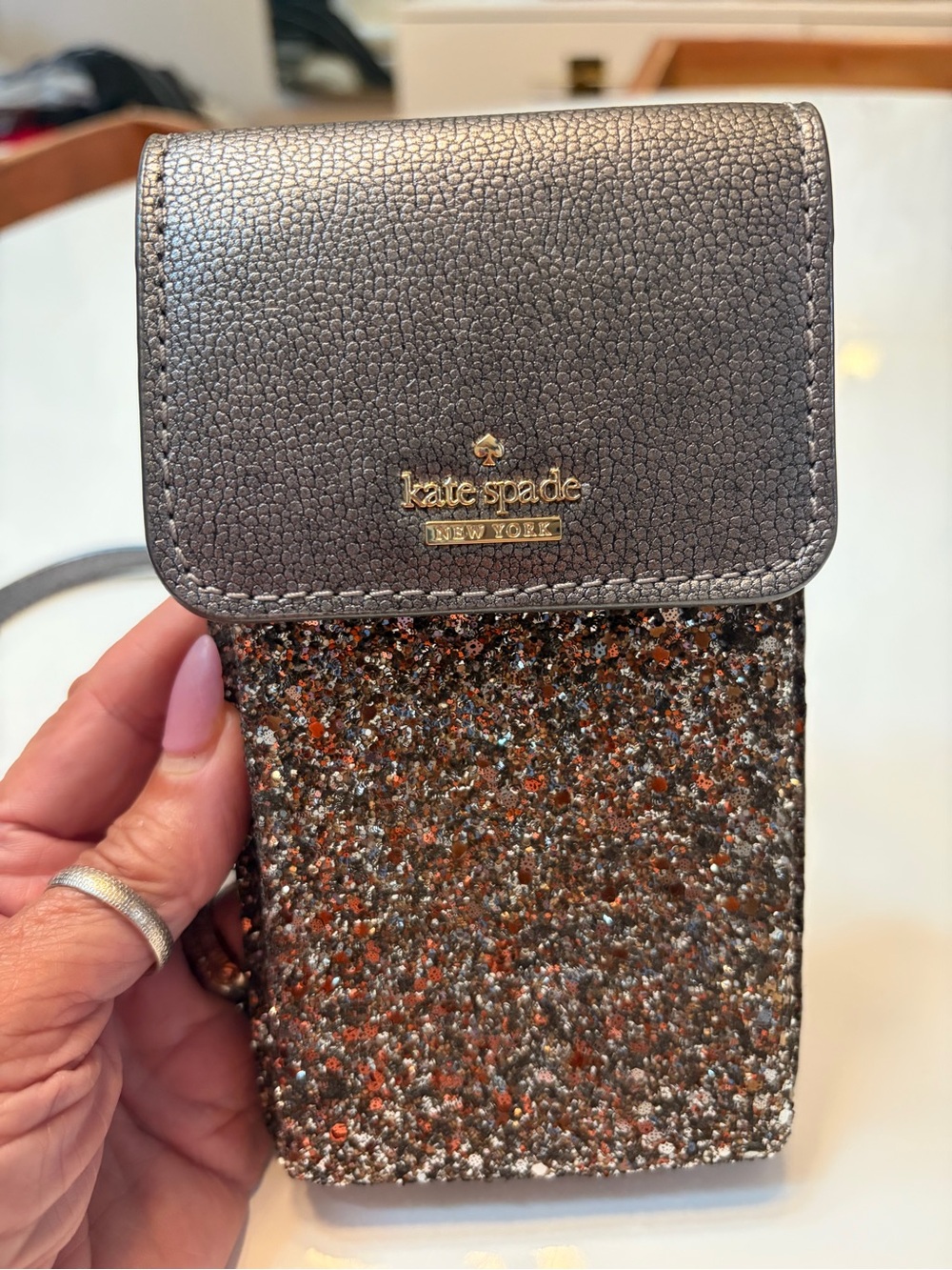 #792 kate spade Metallic Charcoal Pebbled Leather Phone Pouch with Glitter Trim